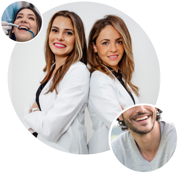 Two women in white coats stand back to back and smile; smaller circles highlight a dental exam, a man’s bright smile, and a woman in a dental chair—showcasing the caring touch of family dentistry.