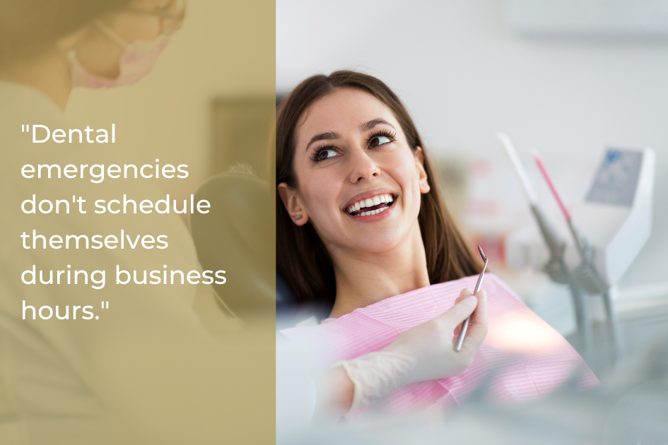 A woman in a dental chair smiles at a dentist while dental tools are held near her mouth; a quote about dental emergencies appears on the left.