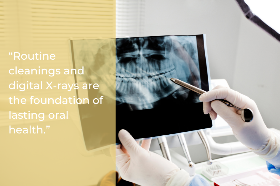 A gloved dental professional points to a dental X-ray film, with a quote about the importance of cleanings and digital X-rays for oral health displayed on the left.
