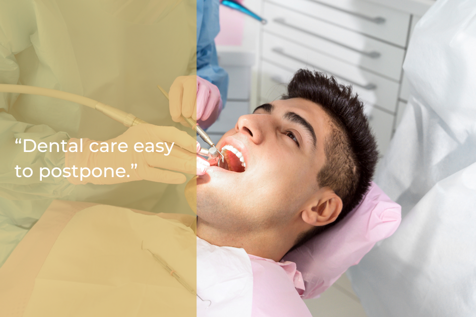 A young man is receiving a dental procedure while lying in a dental chair, with a quote overlayed on the left side.